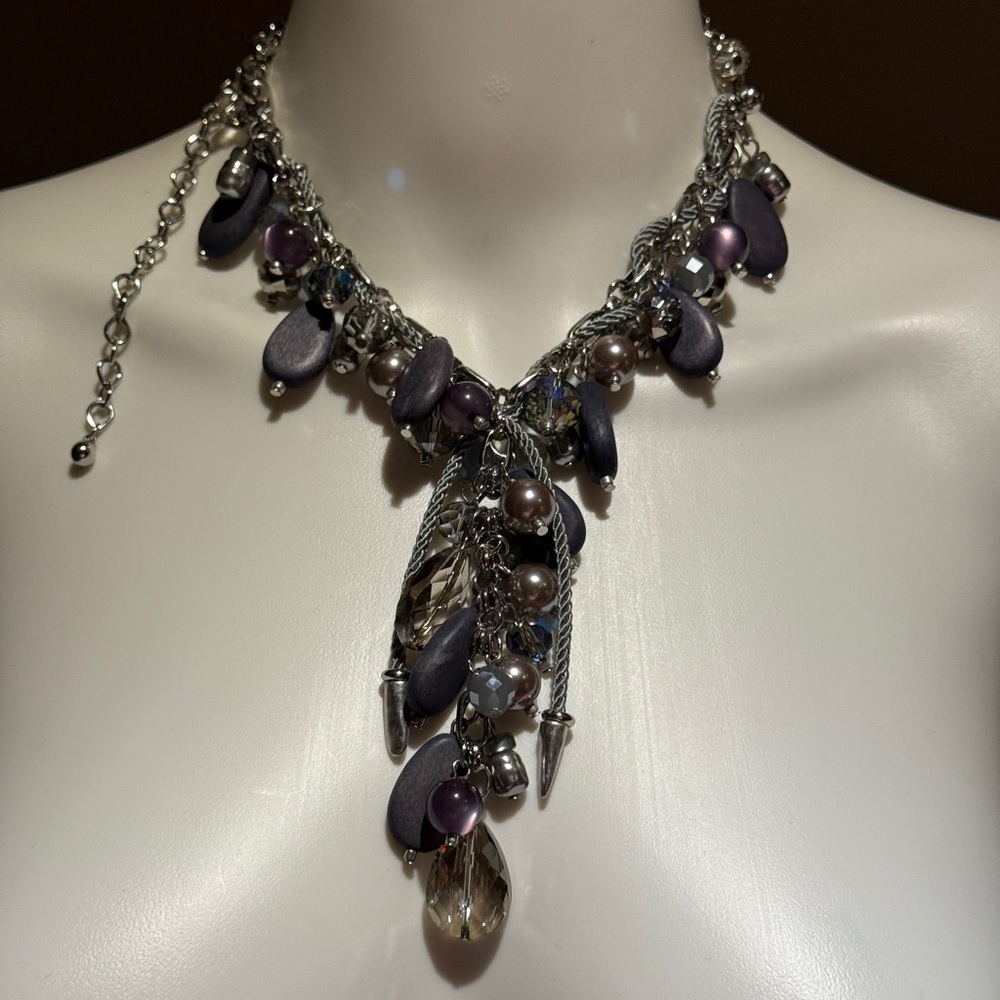 Chico's Blue & Grey Beaded Cluster Necklace with Silver accents. 12” - Picture 7 of 7